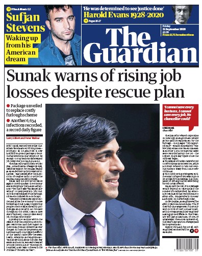 The Guardian Newspaper Front Page for 25 September 2020