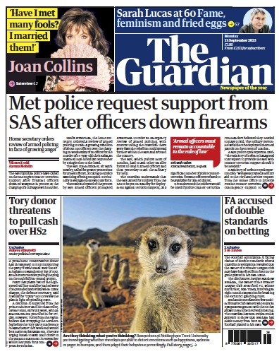 The Guardian Newspaper Front Page for 25 September 2023