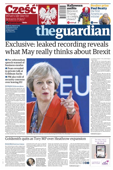 The Guardian Newspaper Front Page for 26 October 2016