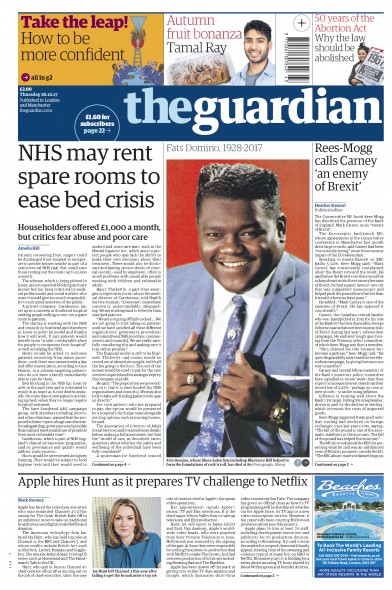 The Guardian Newspaper Front Page for 26 October 2017