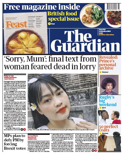 The Guardian Newspaper Front Page for 26 October 2019