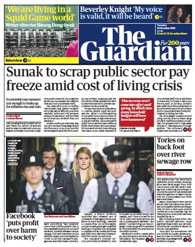 The Guardian (UK) Newspaper Front Page for 26 October 2021