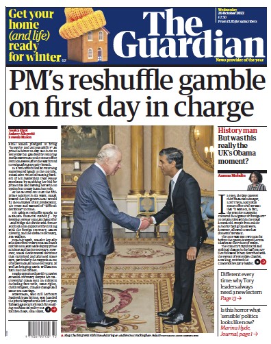The Guardian Newspaper Front Page for 26 October 2022