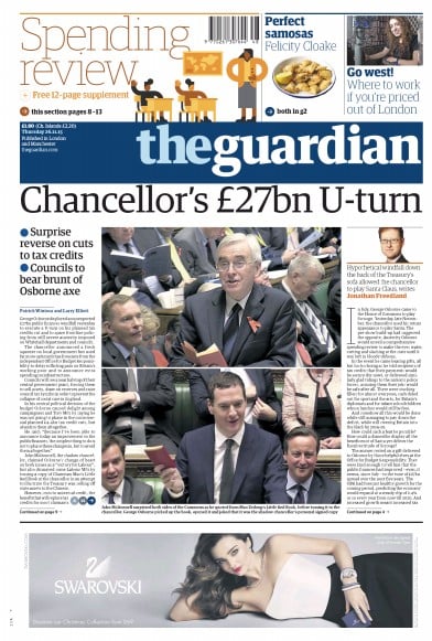 The Guardian Newspaper Front Page for 26 November 2015
