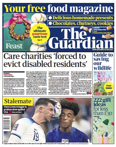 The Guardian (UK) Newspaper Front Page for 26 November 2022