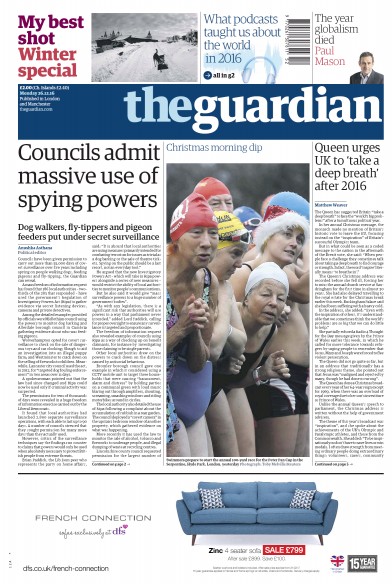 The Guardian Newspaper Front Page for 26 December 2016