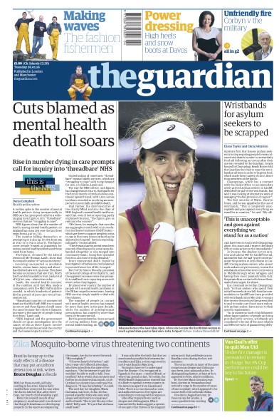 The Guardian Newspaper Front Page for 26 January 2016