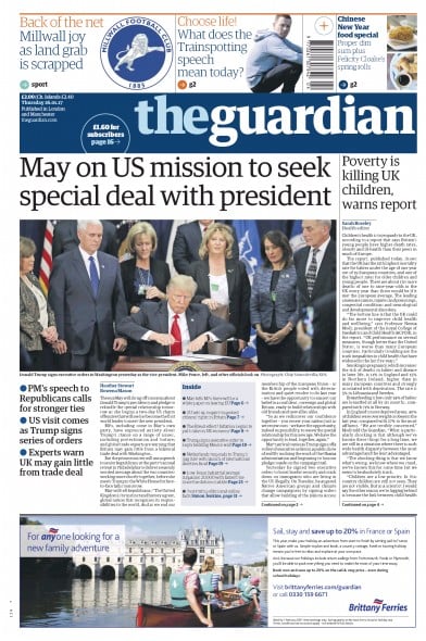 The Guardian (UK) Newspaper Front Page for 26 January 2017