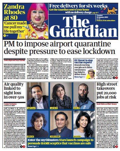 The Guardian (UK) Newspaper Front Page for 26 January 2021