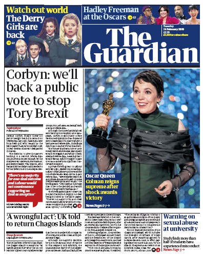 The Guardian Newspaper Front Page for 26 February 2019