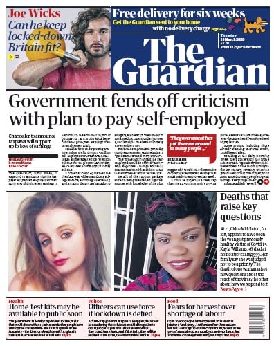 The Guardian (UK) Newspaper Front Page for 26 March 2020