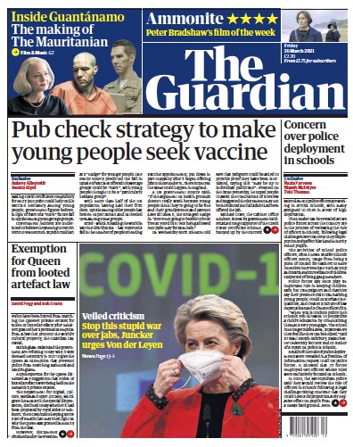The Guardian (UK) Newspaper Front Page for 26 March 2021