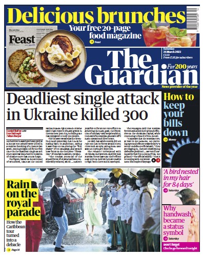 The Guardian Newspaper Front Page for 26 March 2022