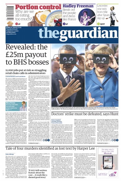 The Guardian Newspaper Front Page for 26 April 2016