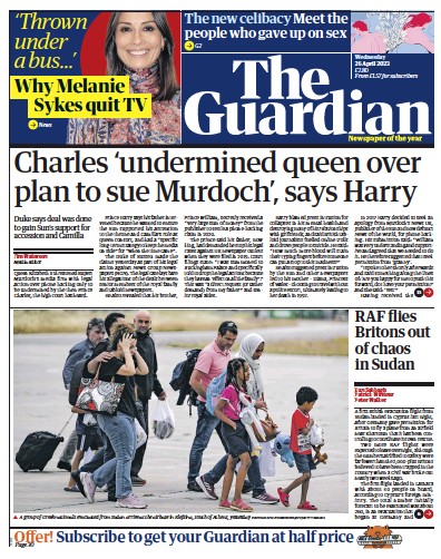 The Guardian (UK) Newspaper Front Page for 26 April 2023
