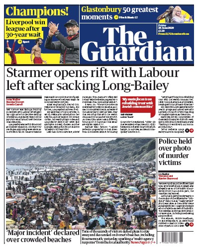 The Guardian Newspaper Front Page for 26 June 2020