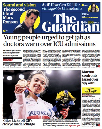 The Guardian (UK) Newspaper Front Page for 26 July 2021