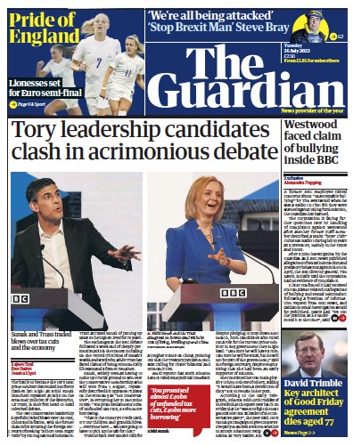 The Guardian Newspaper Front Page for 26 July 2022