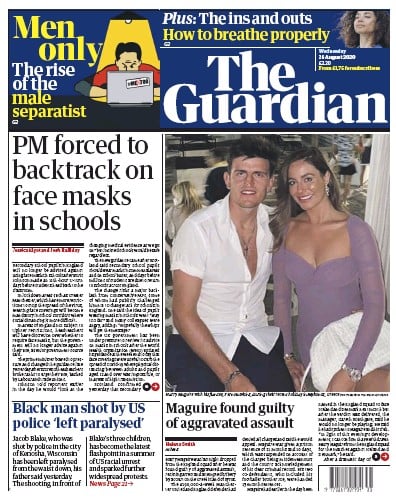 The Guardian (UK) Newspaper Front Page for 26 August 2020