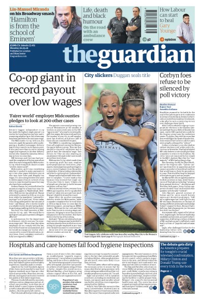 The Guardian (UK) Newspaper Front Page for 26 September 2016