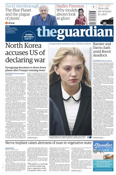 The Guardian (UK) Newspaper Front Page for 26 September 2017