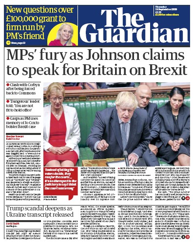 The Guardian Newspaper Front Page for 26 September 2019