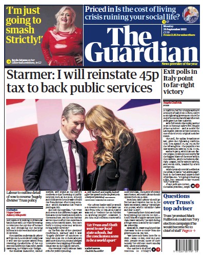 The Guardian (UK) Newspaper Front Page for 26 September 2022