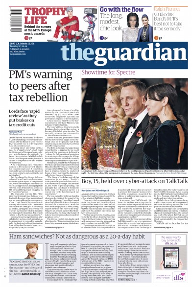 The Guardian Newspaper Front Page for 27 October 2015