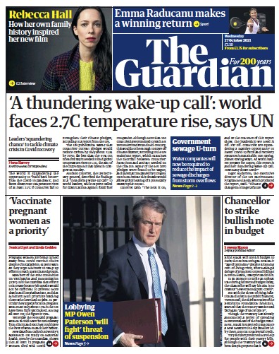 The Guardian (UK) Newspaper Front Page for 27 October 2021