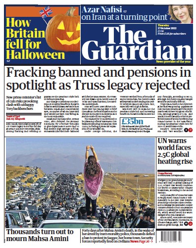 The Guardian (UK) Newspaper Front Page for 27 October 2022