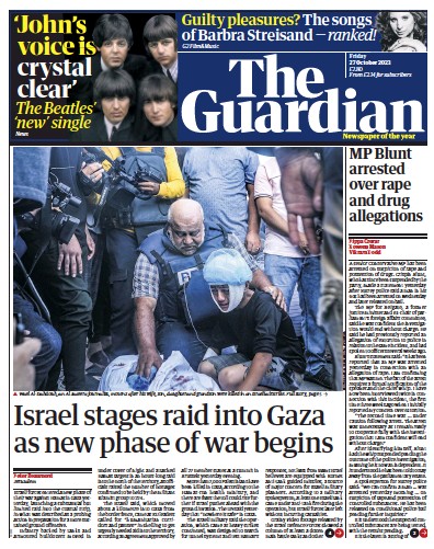 The Guardian (UK) Newspaper Front Page for 27 October 2023