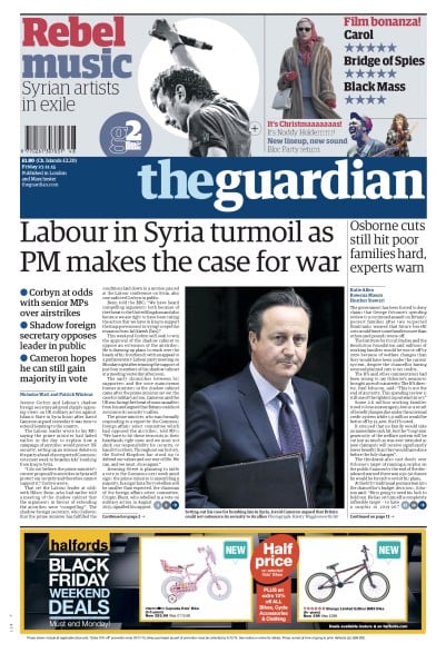 The Guardian (UK) Newspaper Front Page for 27 November 2015