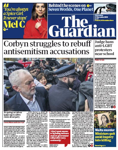 The Guardian (UK) Newspaper Front Page for 27 November 2019