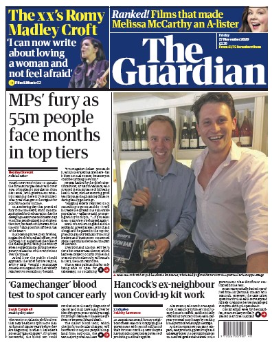 The Guardian Newspaper Front Page for 27 November 2020