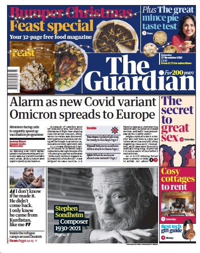 The Guardian (UK) Newspaper Front Page for 27 November 2021