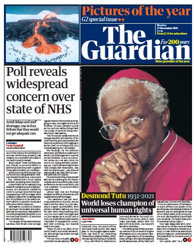 The Guardian (UK) Newspaper Front Page for 27 December 2021