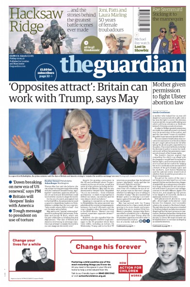 The Guardian Newspaper Front Page for 27 January 2017