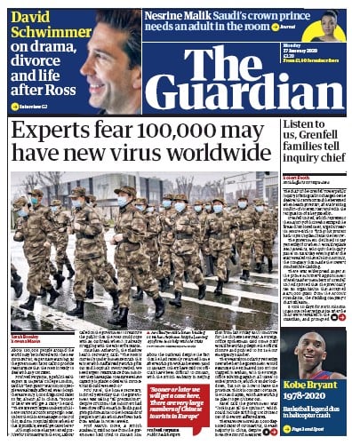 The Guardian Newspaper Front Page for 27 January 2020