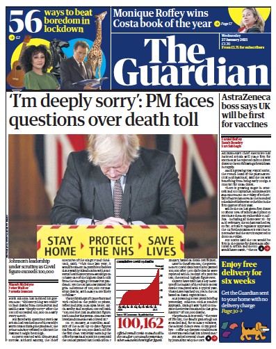 The Guardian Newspaper Front Page for 27 January 2021