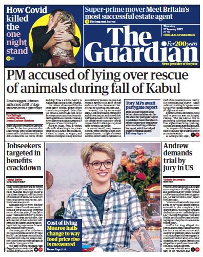 The Guardian (UK) Newspaper Front Page for 27 January 2022