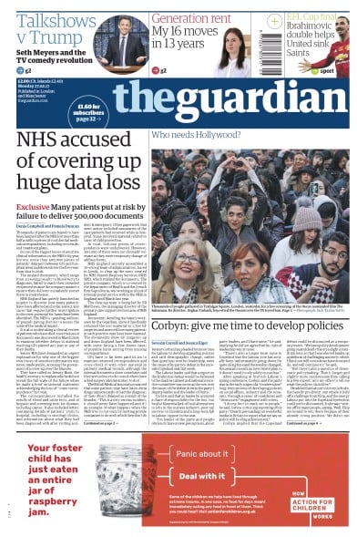 The Guardian Newspaper Front Page for 27 February 2017