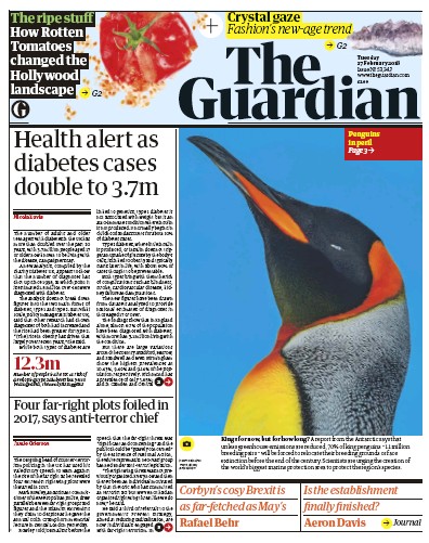 The Guardian Newspaper Front Page for 27 February 2018