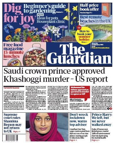 The Guardian (UK) Newspaper Front Page for 27 February 2021