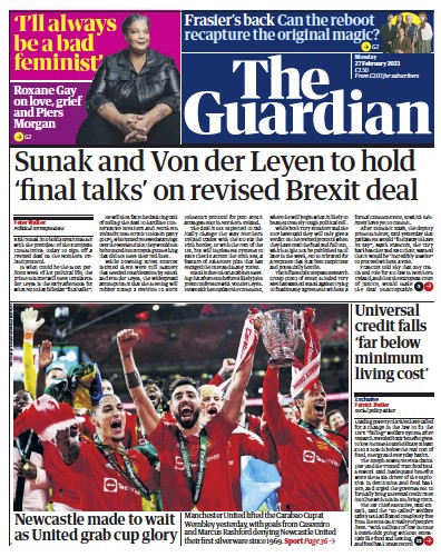 The Guardian (UK) Newspaper Front Page for 27 February 2023