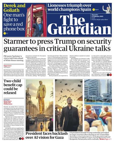 The Guardian (UK) Newspaper Front Page for 27 February 2025