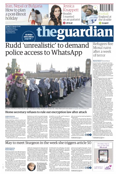The Guardian Newspaper Front Page for 27 March 2017