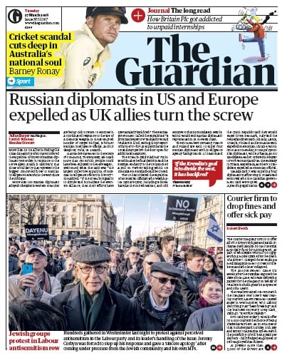 The Guardian Newspaper Front Page for 27 March 2018
