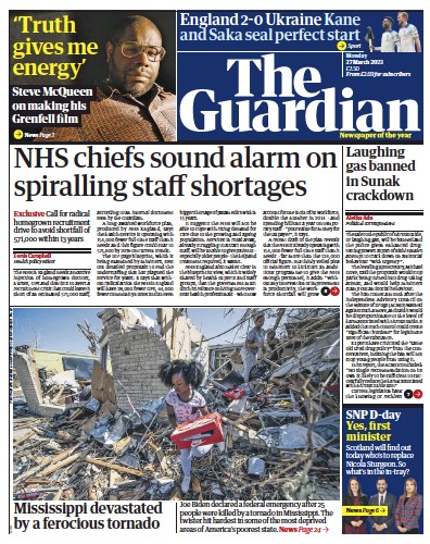 The Guardian (UK) Newspaper Front Page for 27 March 2023