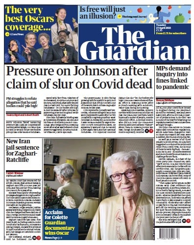 The Guardian (UK) Newspaper Front Page for 27 April 2021