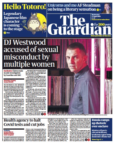 The Guardian (UK) Newspaper Front Page for 27 April 2022